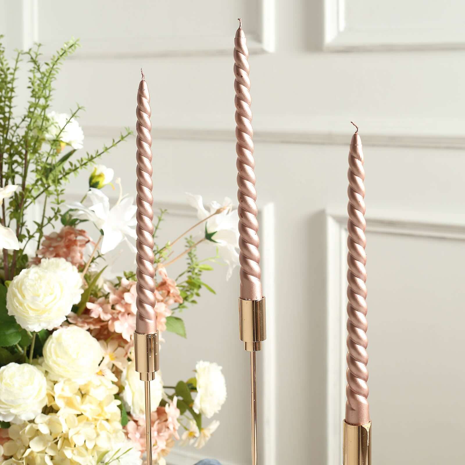 12-Pack Taper Candles Spiral Long Burn Wick Design Matte Rose Gold - Premium Unscented Wax Dinner Candle Sticks 11"