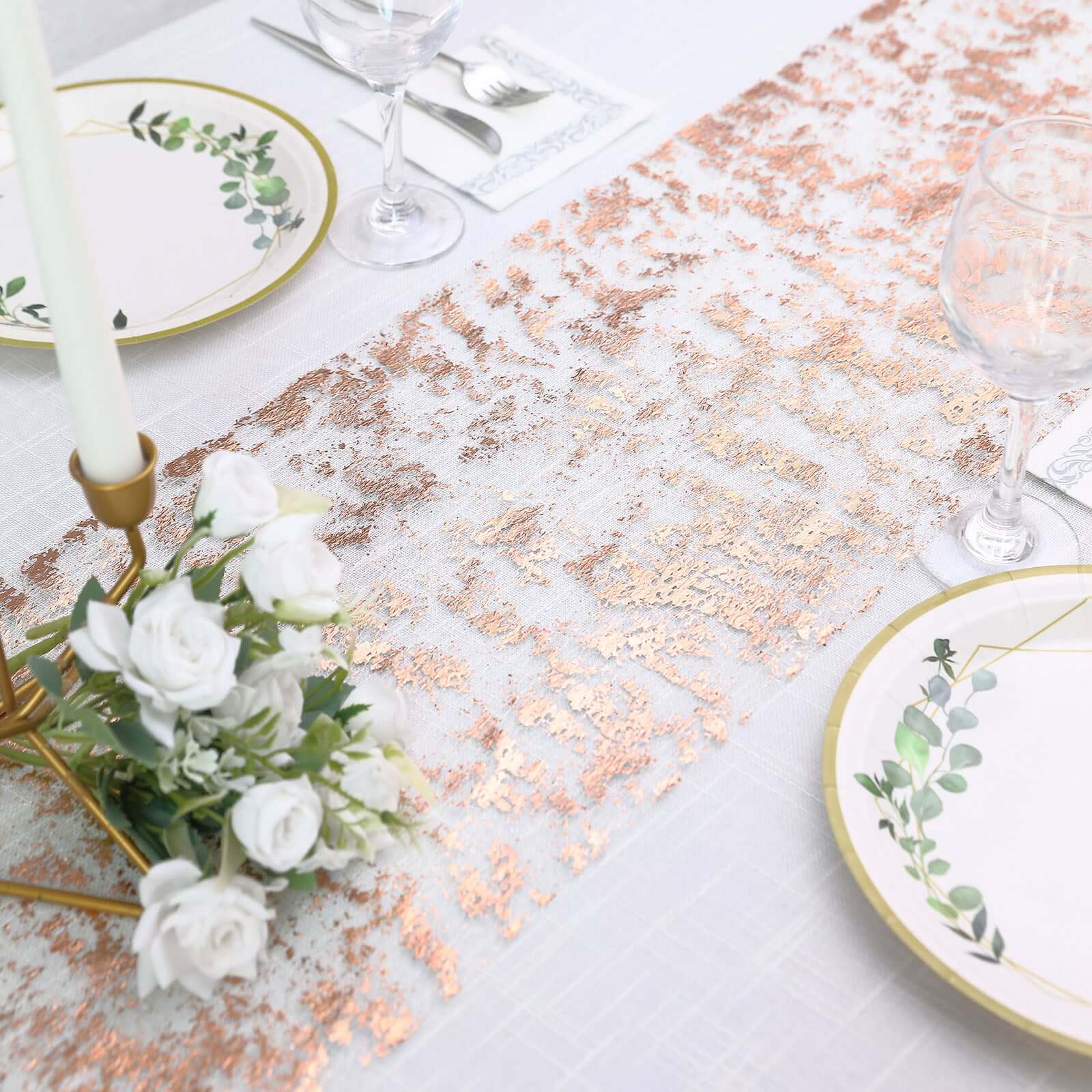 Mesh Polyester 108" Table Runner Roll Metallic Rose Gold - Distressed Foil Look Disposable Table Decor