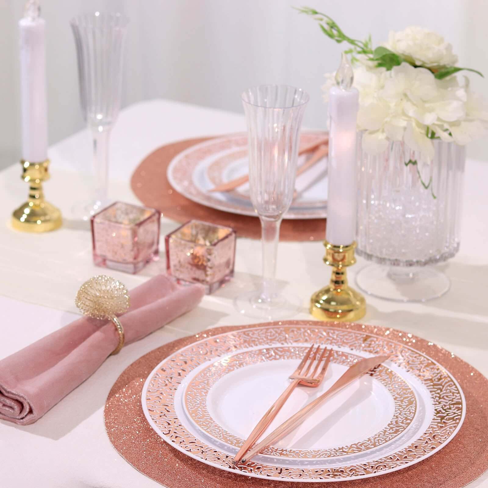 6-Pack Placemats Glitter Design Rose Gold Sparkle Round - Non-Slip Decorative Dining Table Mats 13"