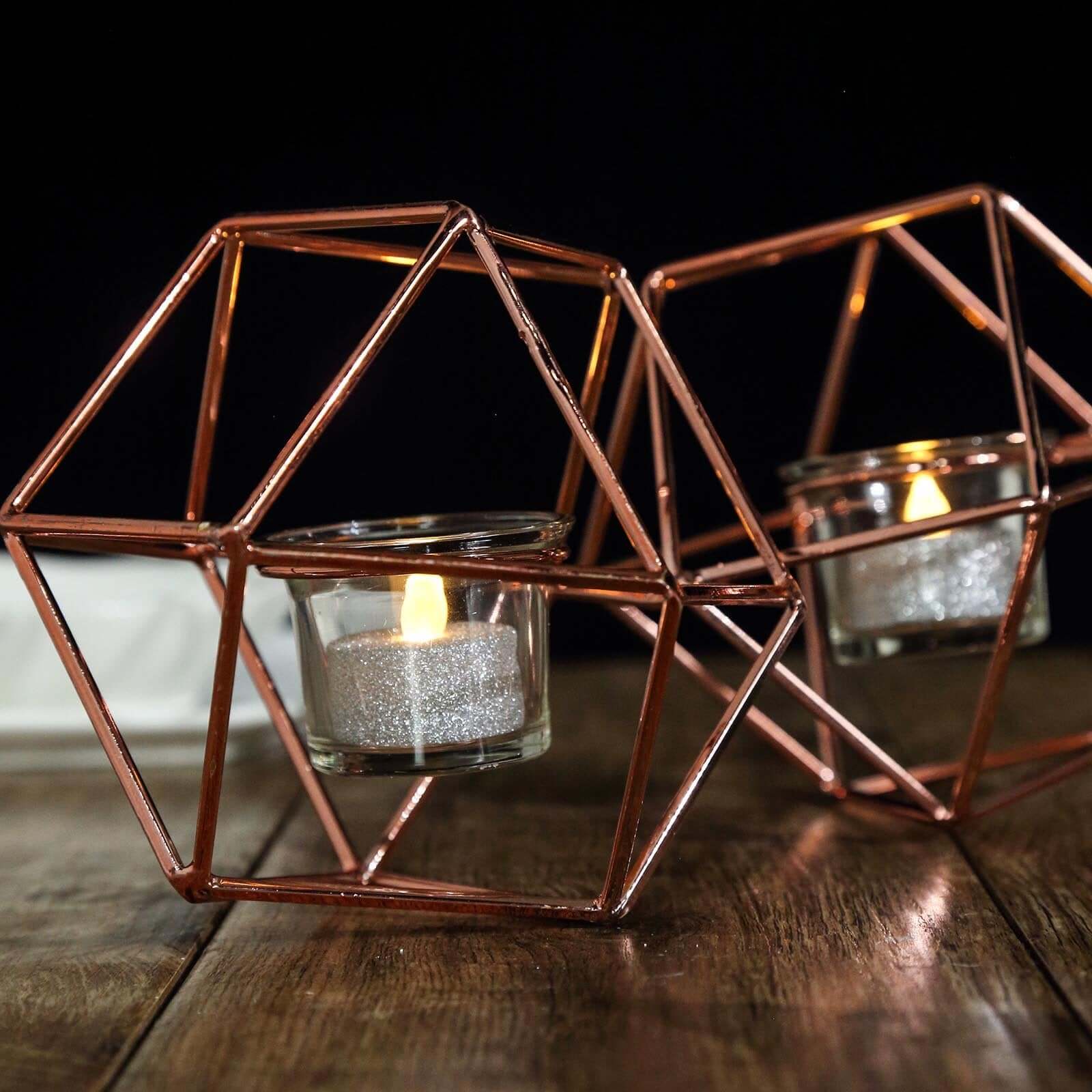 Set of Metal Candle Holders Linked Geometric Design Rose Gold - Modern Table Decor with Votive Glass for Gatherings 11"