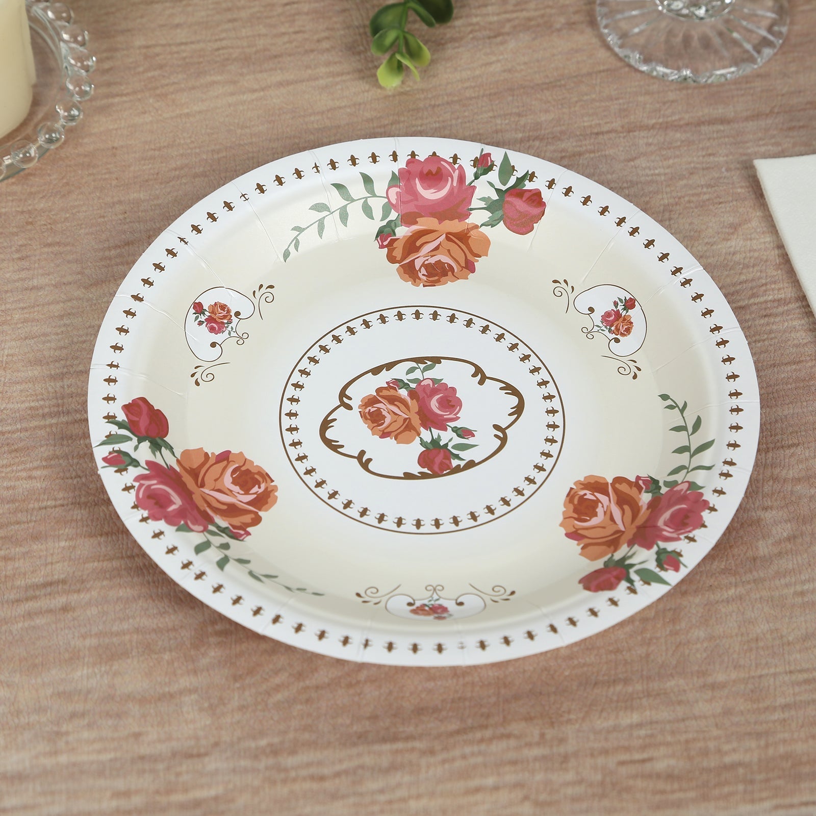 25-Pack Paper 7" Round Dessert Plates in Ivory with Vintage Rose Flower Print - Disposable Appetizer Salad Plates for Bridal Showers & Garden Luncheons