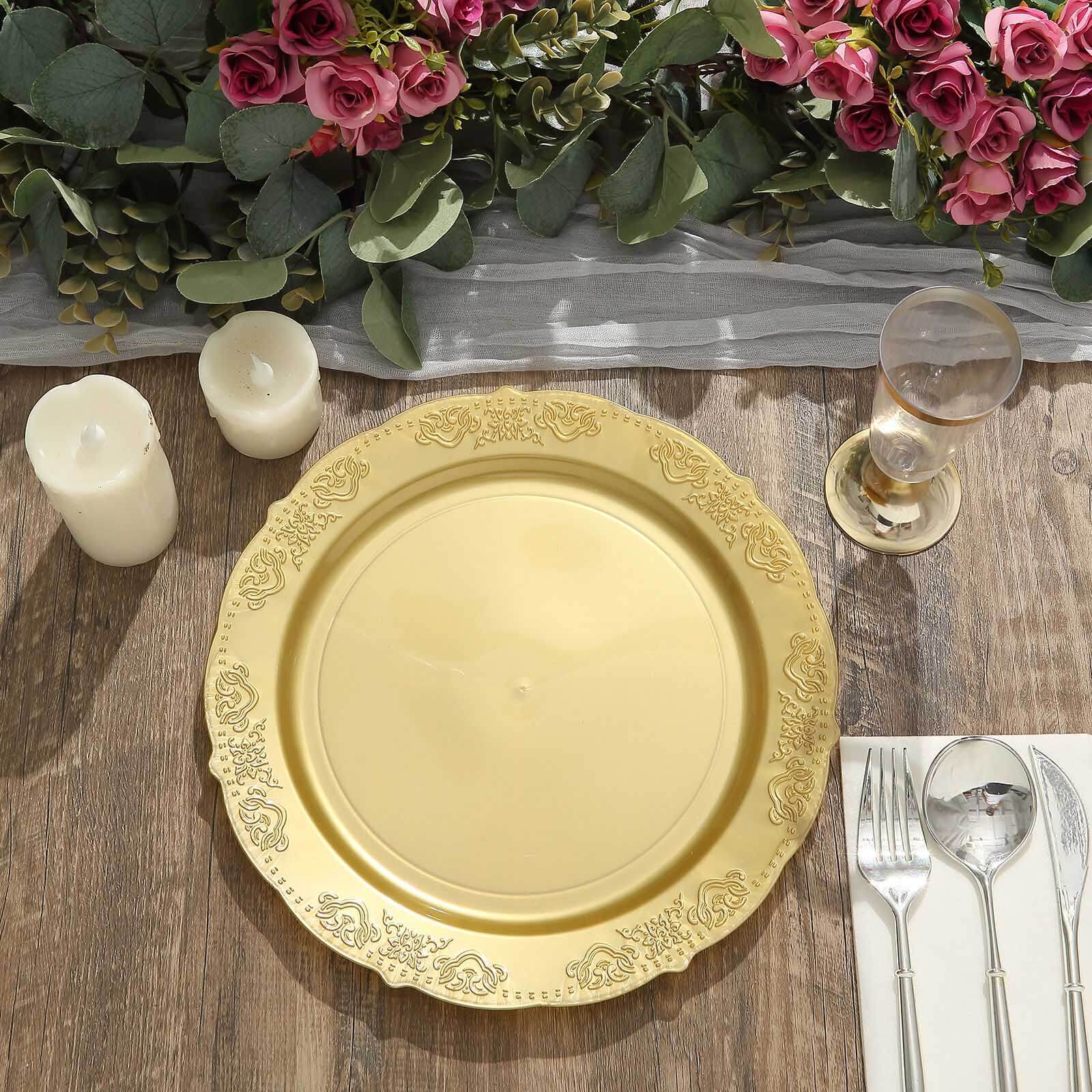 10-Pack Plastic 10" Round Dinner Plates Gold Embossed Scalloped Edge - Chic Disposable Party Plates for Special Occasions & Banquets