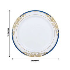 10-Pack Plastic 10" Round Dinner Plates in White with Royal Blue Rim - Stylish Gold Vine Design Disposable Party Plates for Special Occasions & Celebrations