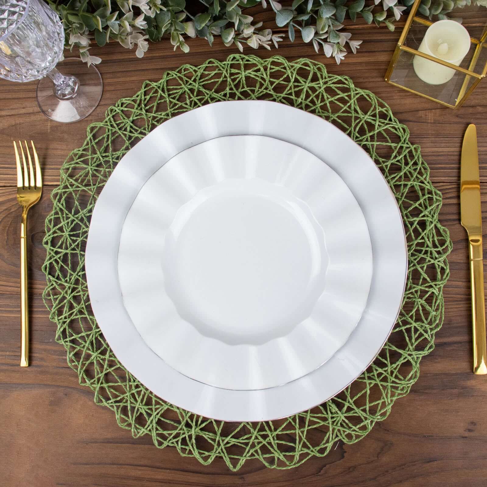 6-Pack Table Placemats Woven Fiber Design Olive Green Round - Disposable Mats for Dining and Events 15"