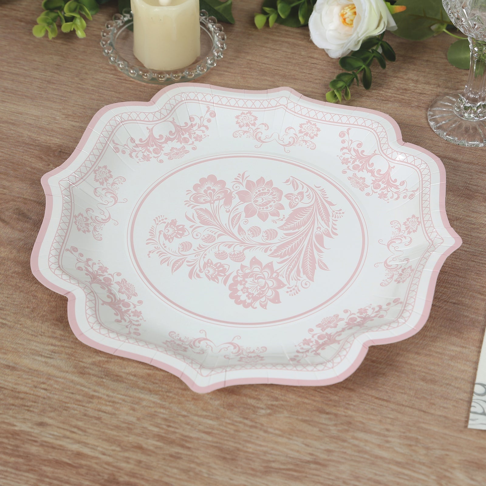 25-Pack Paper Dessert Plates in White with Pink Damask Floral Print & Scallop Rim - Stylish Disposable 300GSM Floral Salad Appetizer Plates 8"