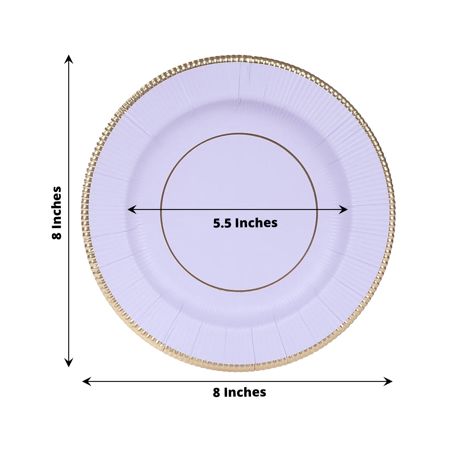 25-Pack Paper 8" Round Dessert Plates in Lavender Lilac Sunray Design with Gold Rim - Disposable Heavy Duty 350GSM Appetizer Salad Plates