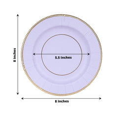 25-Pack Paper 8" Round Dessert Plates in Lavender Lilac Sunray Design with Gold Rim - Disposable Heavy Duty 350GSM Appetizer Salad Plates