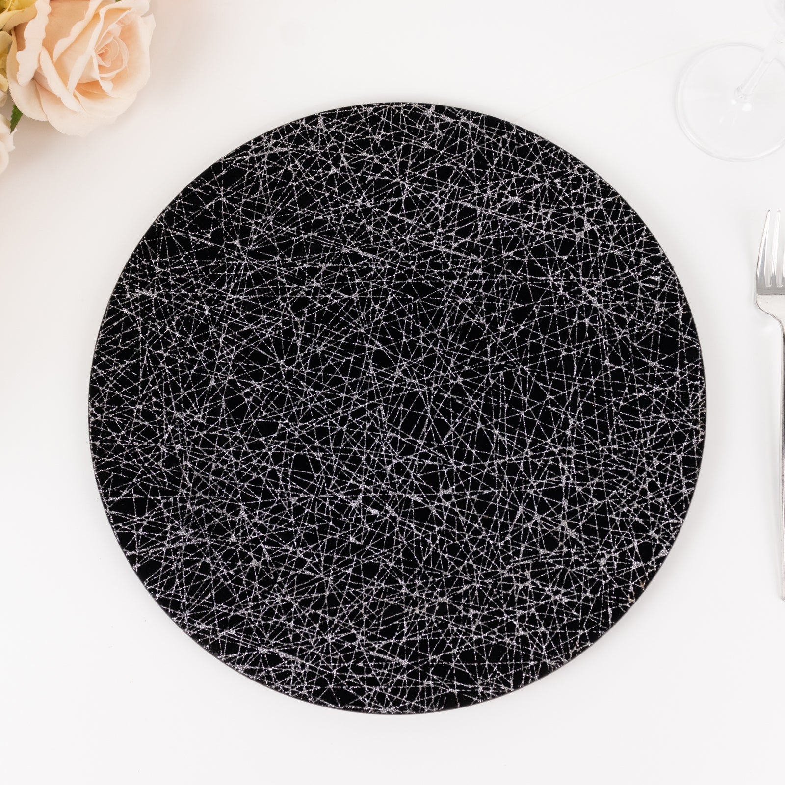 6-Pack Acrylic Round Charger Plates 13" in Black with Silver Glitter Abstract Lines Pattern, Decorative Dinner Party Charger Tableware