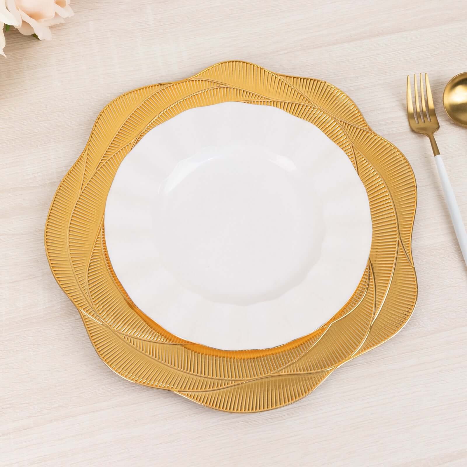 6-Pack Acrylic Round Charger Plates 13" in Metallic Gold with Ribbed Rose Pattern, Event Tabletop Decorative Charger Tableware