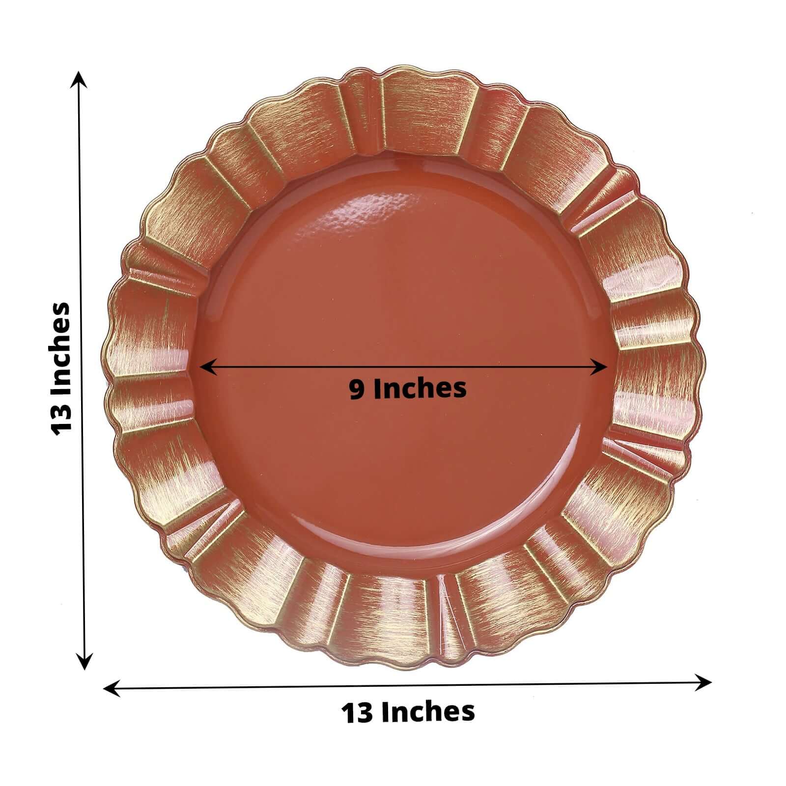 6-Pack Acrylic Plastic Round Charger Plates 13" in Terracotta (Rust) with Gold Brushed Wavy Scalloped Rim, Decorative Dinner Party Charger Tableware