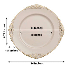 6-Pack Acrylic Round Charger Plates 13" in Nude Taupe with Gold Embossed Baroque Rim, Antique Decorative Dinner Party Charger Tableware