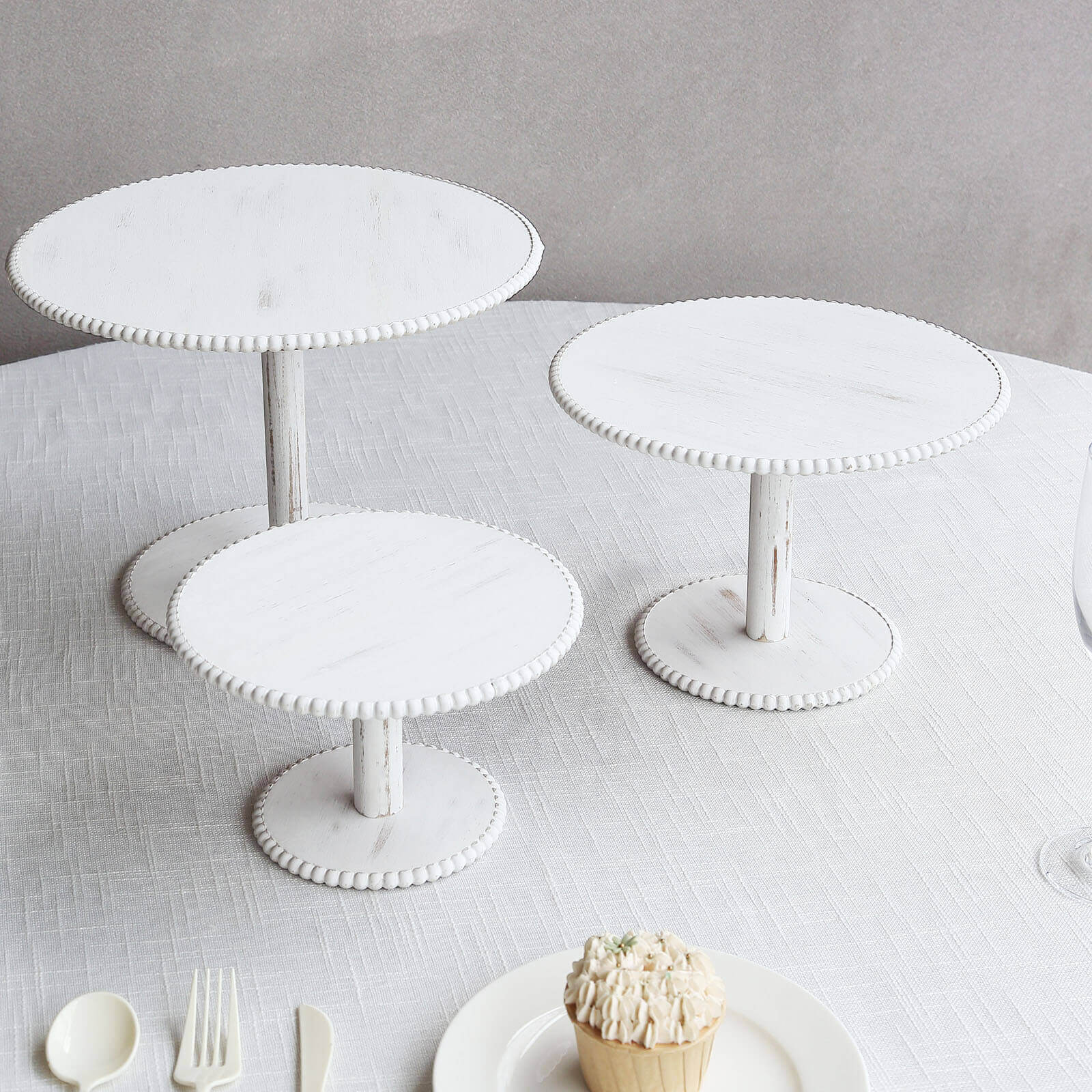 Set of 3 Wooden Pedestal Cake Stands Whitewash with Round Beaded Rim Trays - Stackable Rustic Cupcake Display 8", 10", 12"