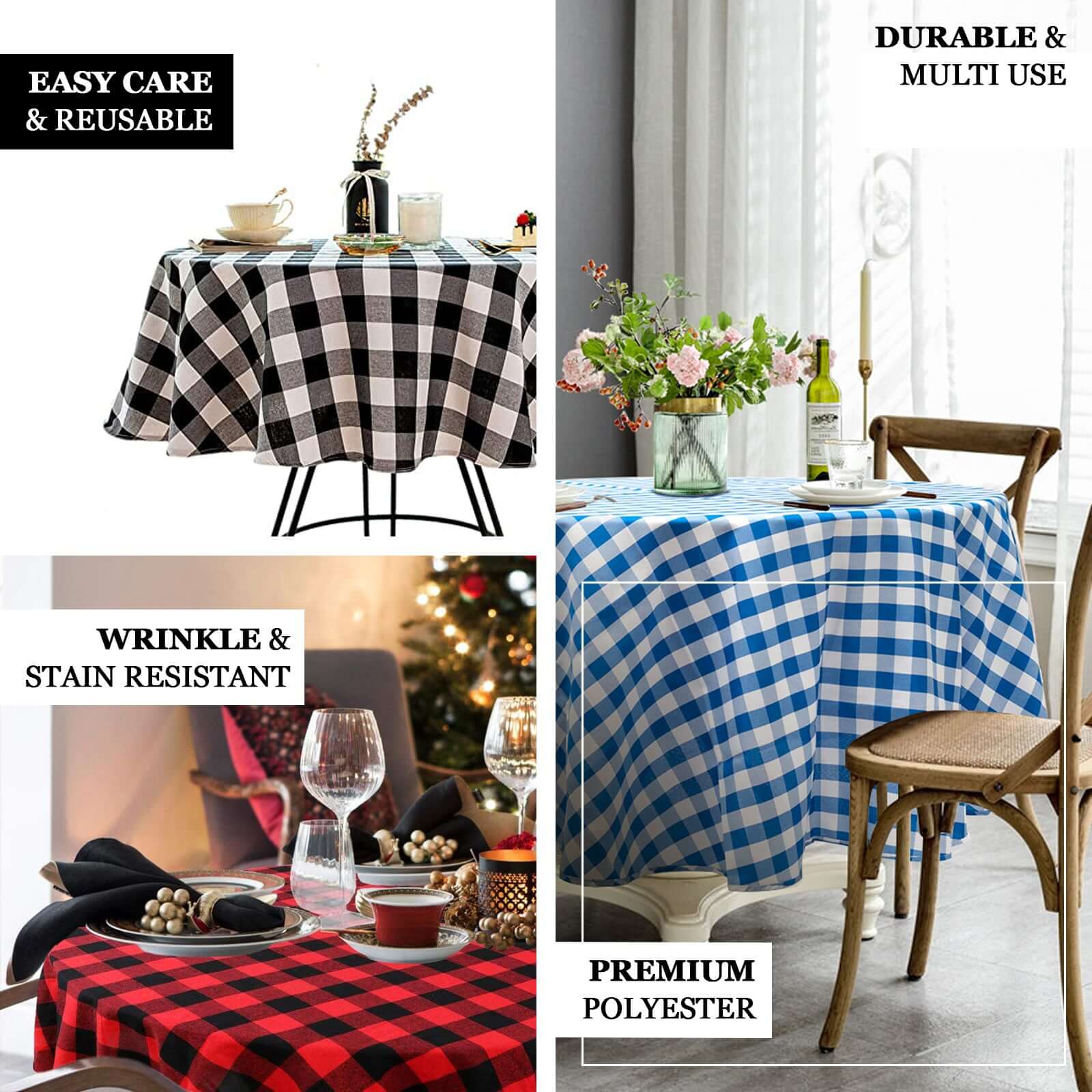 Polyester 108" Round Tablecloth White/Navy Blue - Checkered Buffalo Plaid Table Cover
