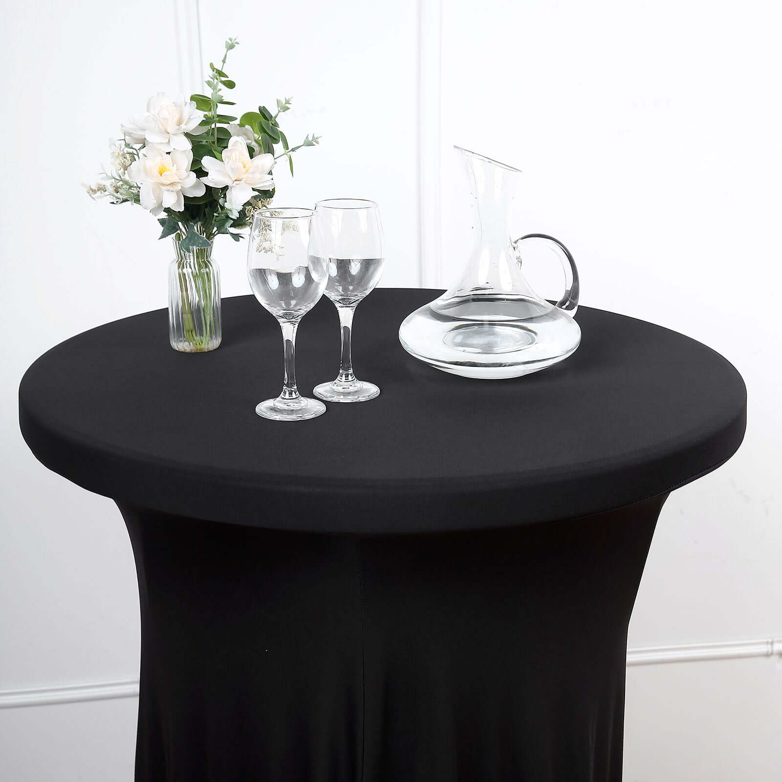 Spandex 30" Round Cocktail Table Cover Skirt Black With Natural Wavy Drapes