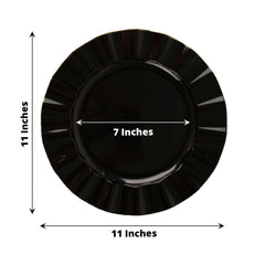 10-Pack Plastic 11" Round Dinner Plates in Black Ruffled Rim with Gold Edging - Sturdy Disposable Dinnerware