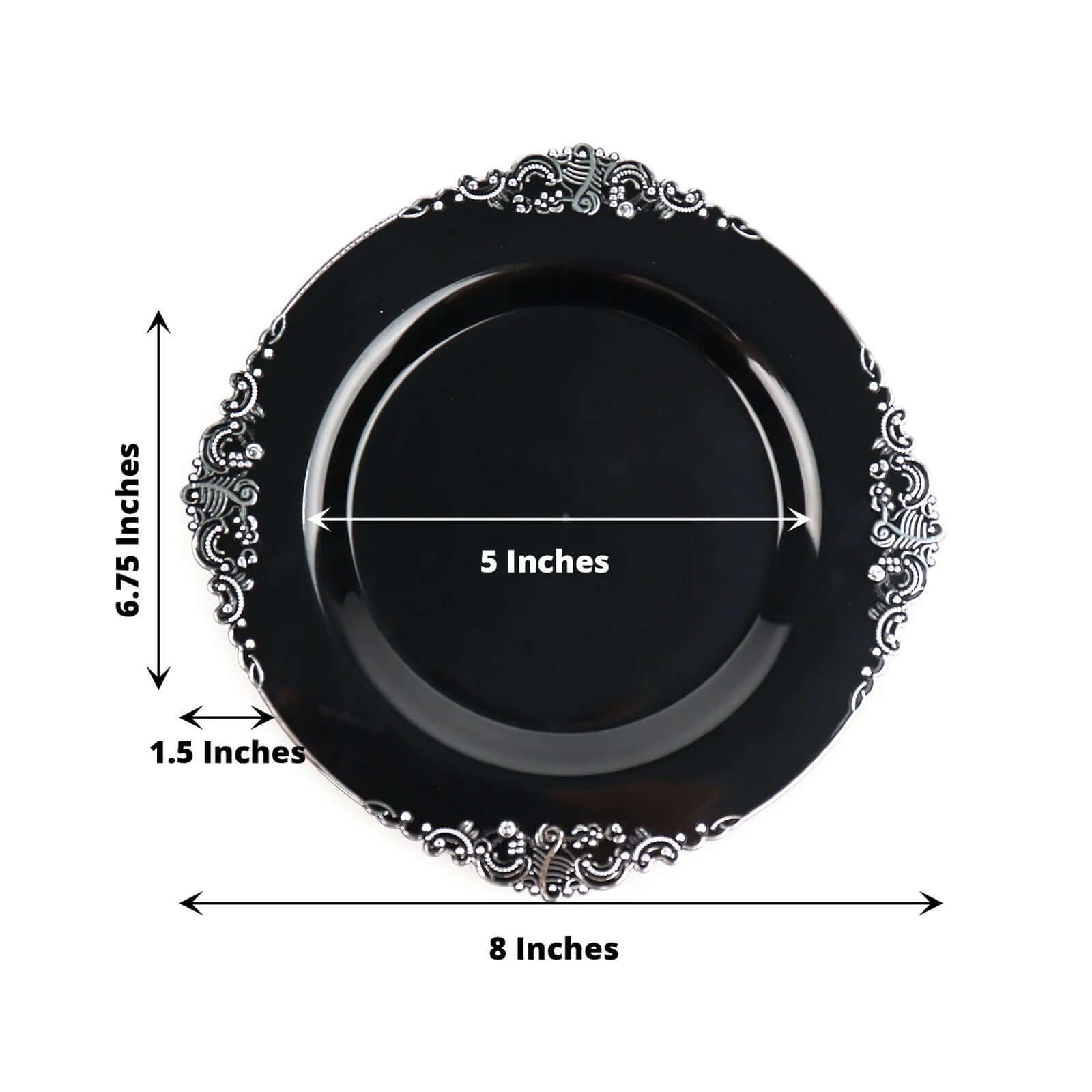 10-Pack Plastic 8" Round Dessert Plates in Black with Silver Leaf Embossed Rim - Disposable Vintage Baroque Style Salad Plates