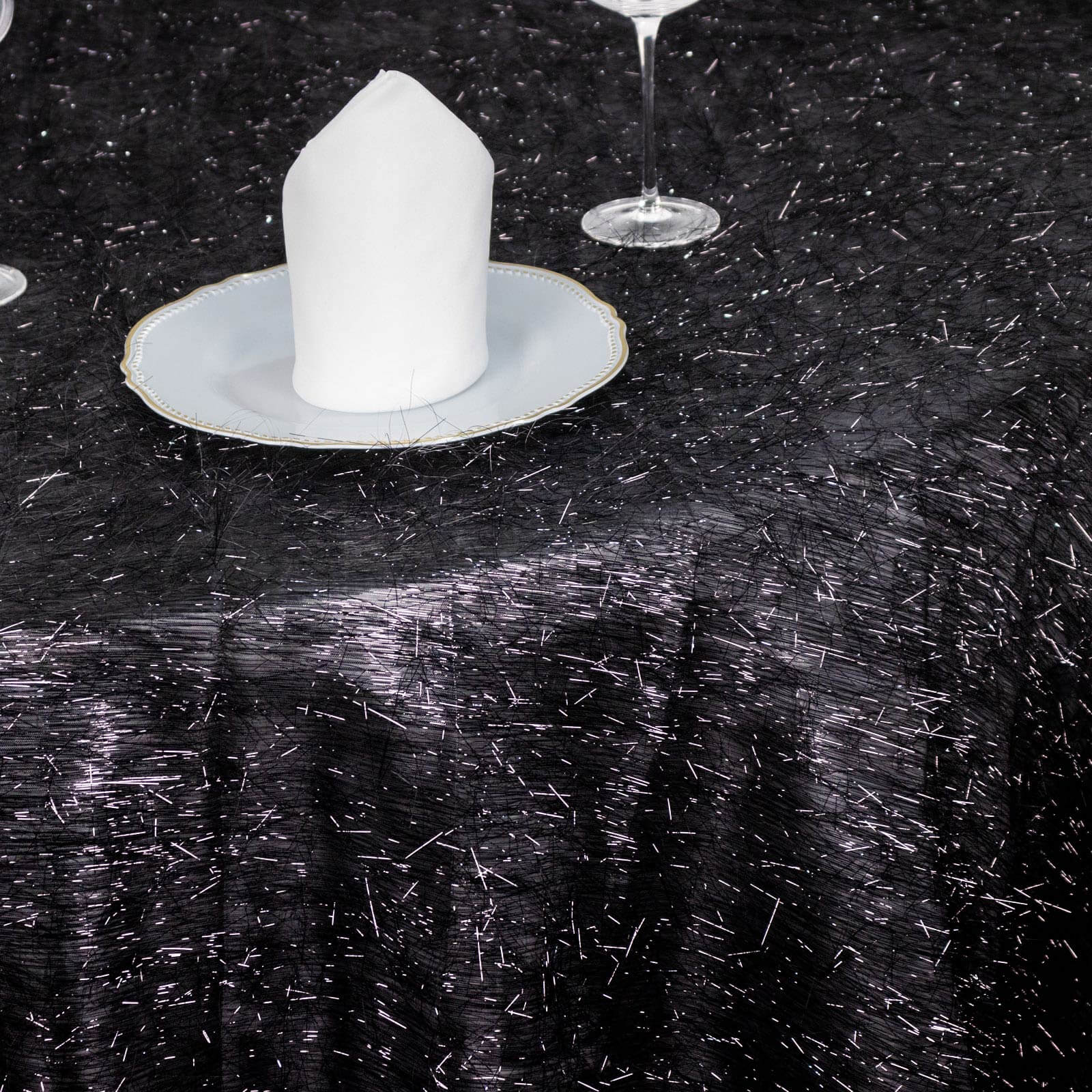 Polyester 120" Round Black Tablecloth Metallic Fringe Shag Tinsel Table Cover