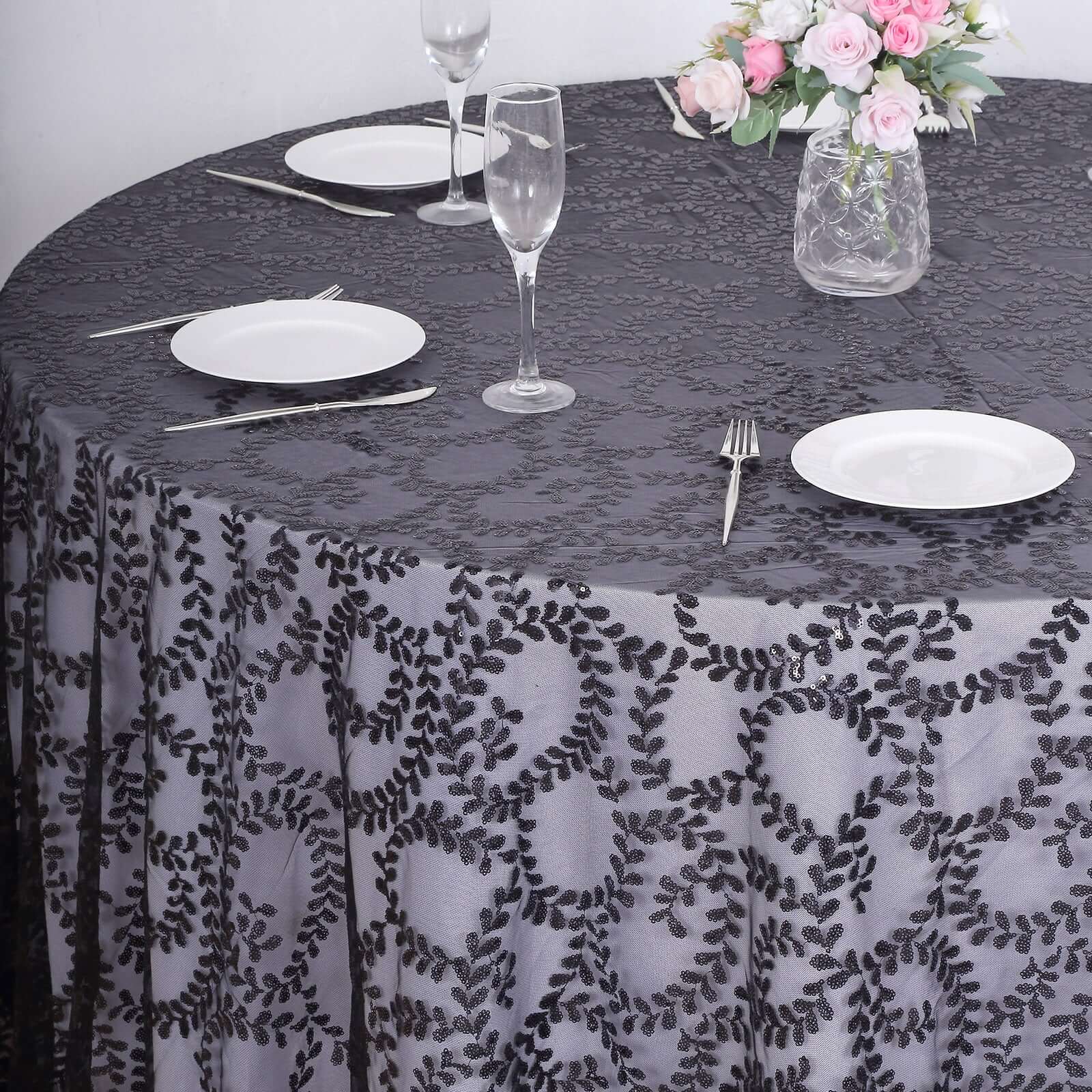 Tulle 120" Round Tablecloth Black - Seamless Sequin Leaf Embroidered Table Cover