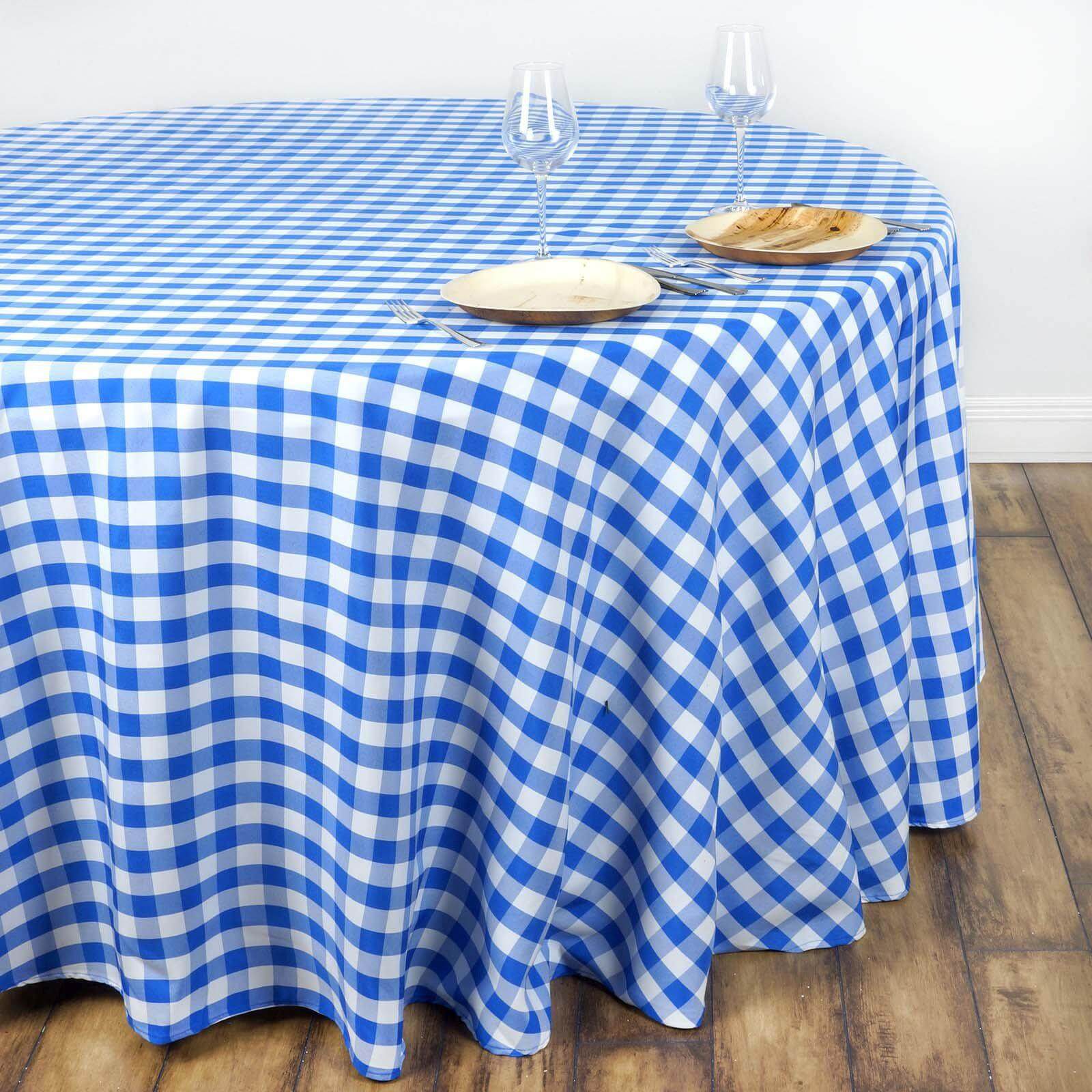 Polyester 108" Round Tablecloth White/Blue - Checkered Buffalo Plaid Table Cover