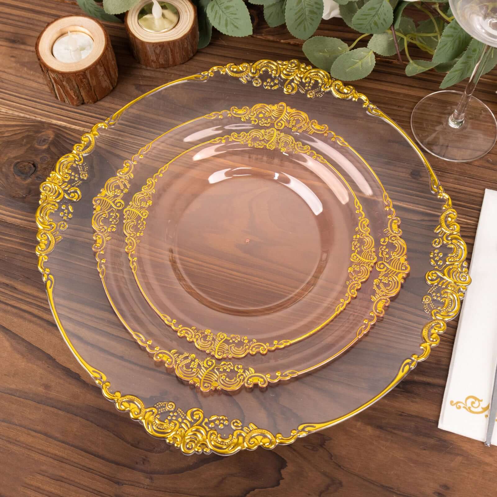 10-Pack Plastic 8" Round Dessert Plates in Transparent Blush with Gold Leaf Embossed Rim - Disposable Vintage Baroque Style Salad Plates