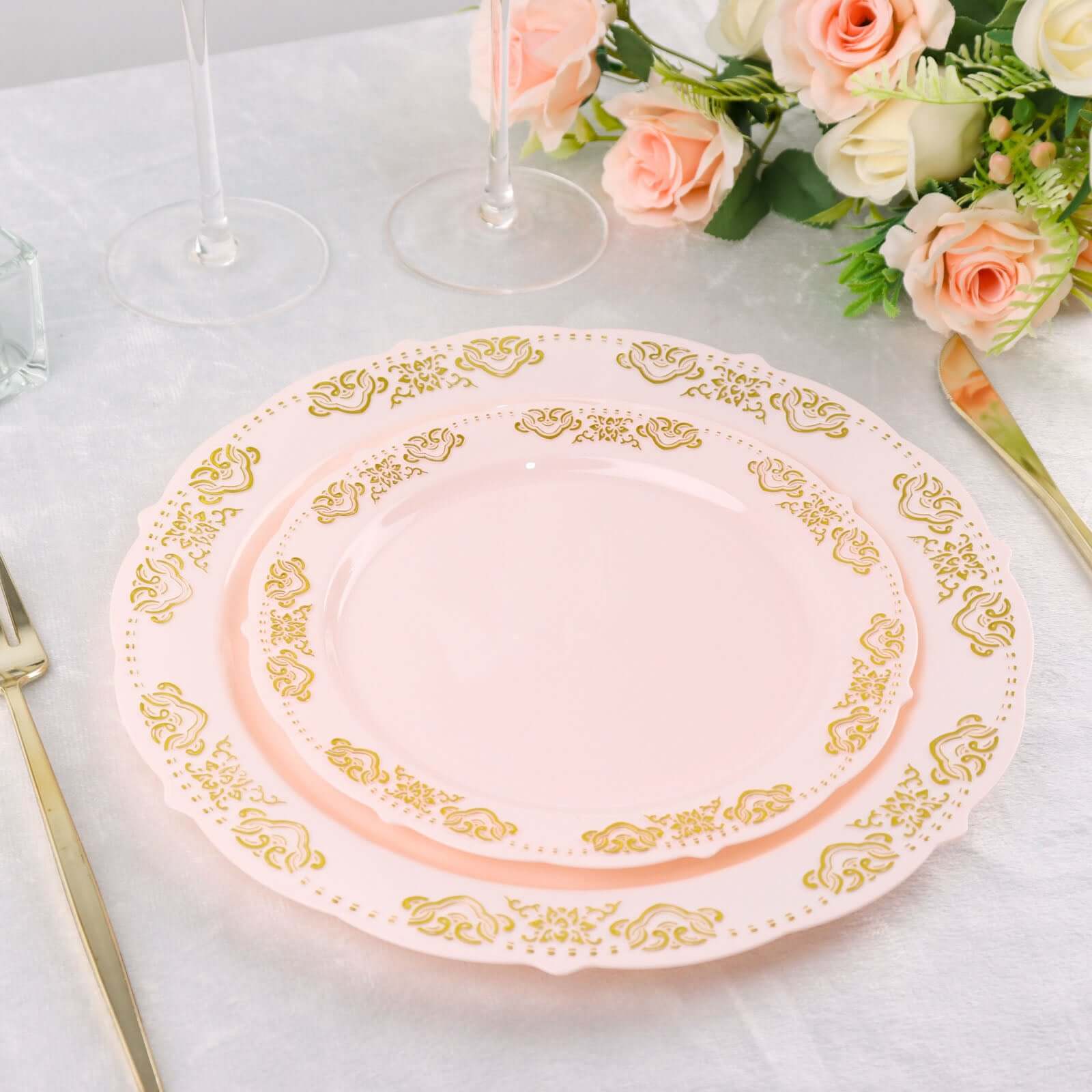 10-Pack Plastic 7.5" Round Appetizer Plates in Blush with Gold Embossed Scalloped Edge - Chic Disposable Salad Plates for Special Occasions & Banquets