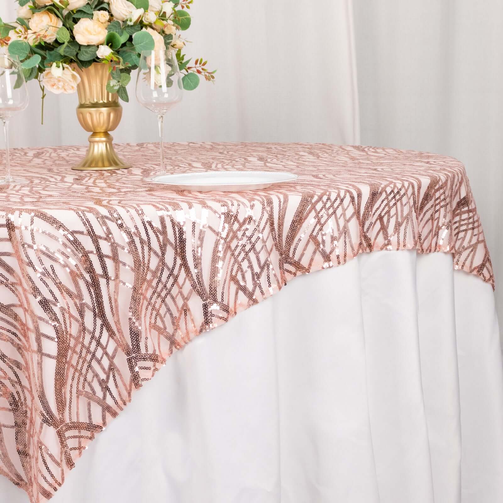 Mesh 72"x72" Table Overlay Square Tablecloth Blush - Wave Embroidered Sequins Table Topper