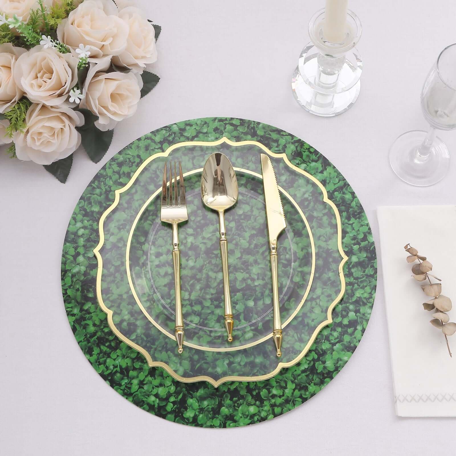 6-Pack Disposable Table Placemats in Green Boxwood Leaf Print - 700GSM Cardboard Placemats for Forest & Garden Theme Party Decor 13"