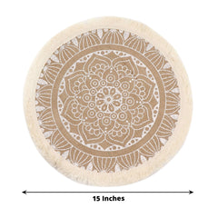 4-Pack Placemats Mandala Print Fringe Design Natural Jute and White Round - Rustic Burlap Tassel Style 15"