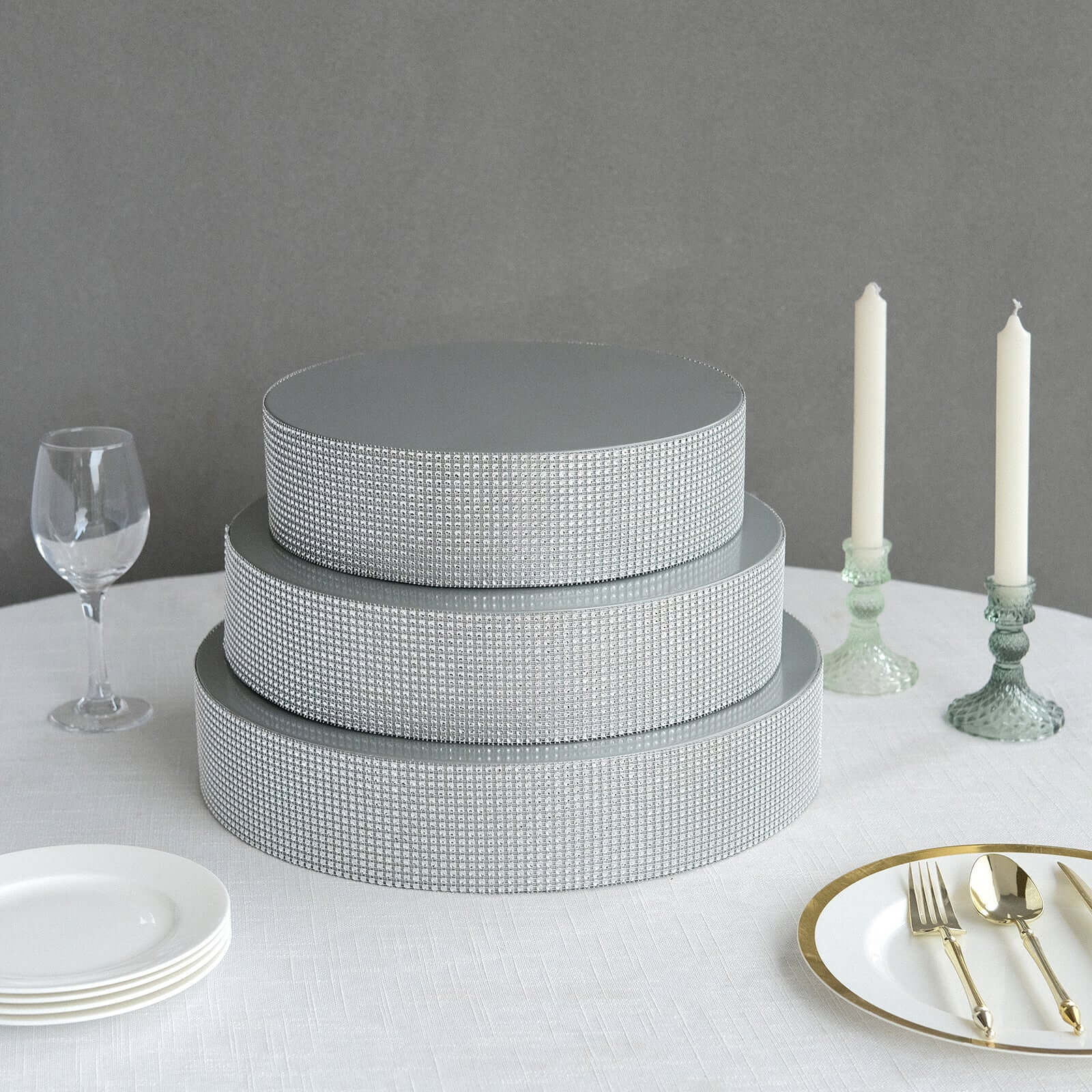 Metal Pedestal Cake Stand Round Design with Rhinestones Silver - Cupcake Holder and Dessert Table Centerpiece 16"