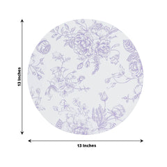 10-Pack Disposable Table Placemats in French Toile Print 13" in White/Matte Lavender - Chic Floral Cardboard Placemats for Stylish Table Setting