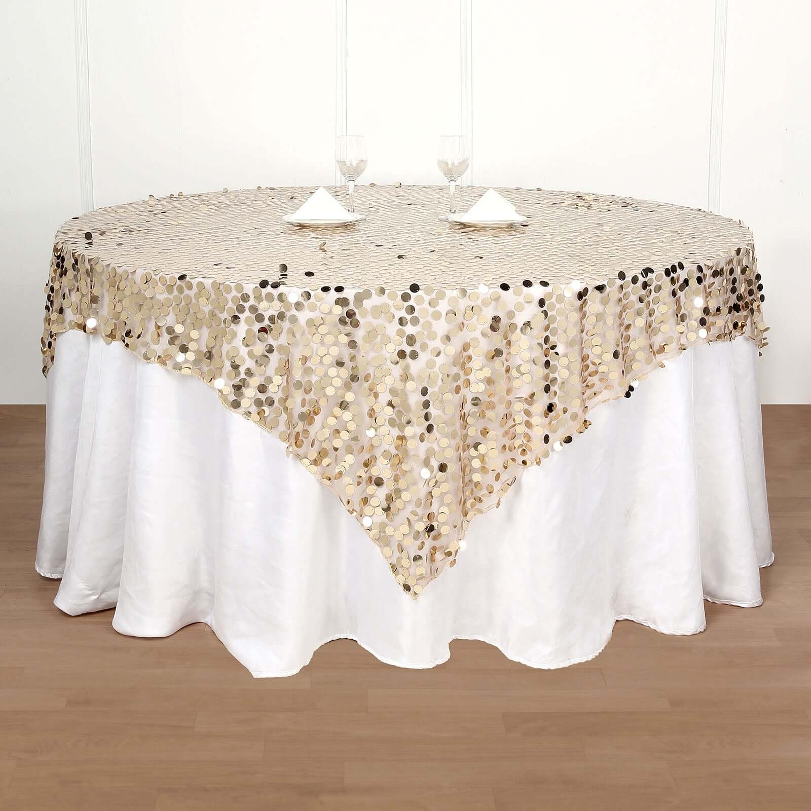 Sequin 72"x72" Table Overlay Square Tablecloth Champagne - Big Payette Table Cover