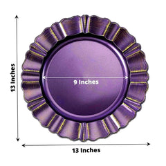 6-Pack Acrylic Plastic Round Charger Plates 13" in Purple with Gold Brushed Wavy Scalloped Rim, Decorative Dinner Party Charger Tableware