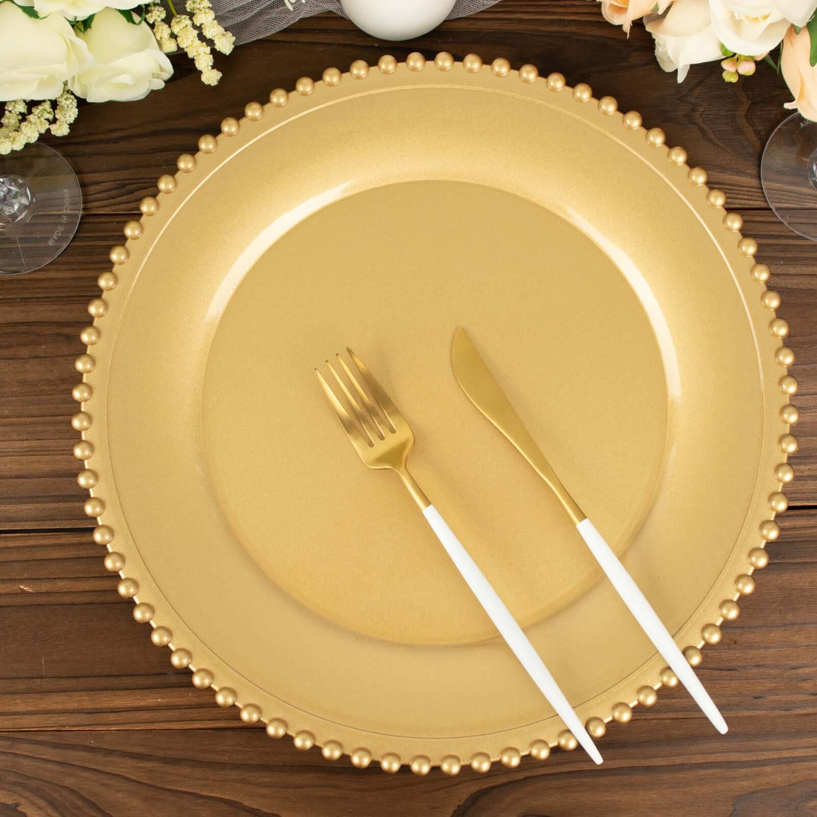 6-Pack Acrylic Round Charger Plates 13" in Gold with Beaded Rim, Decorative Dinner Party Charger Tableware