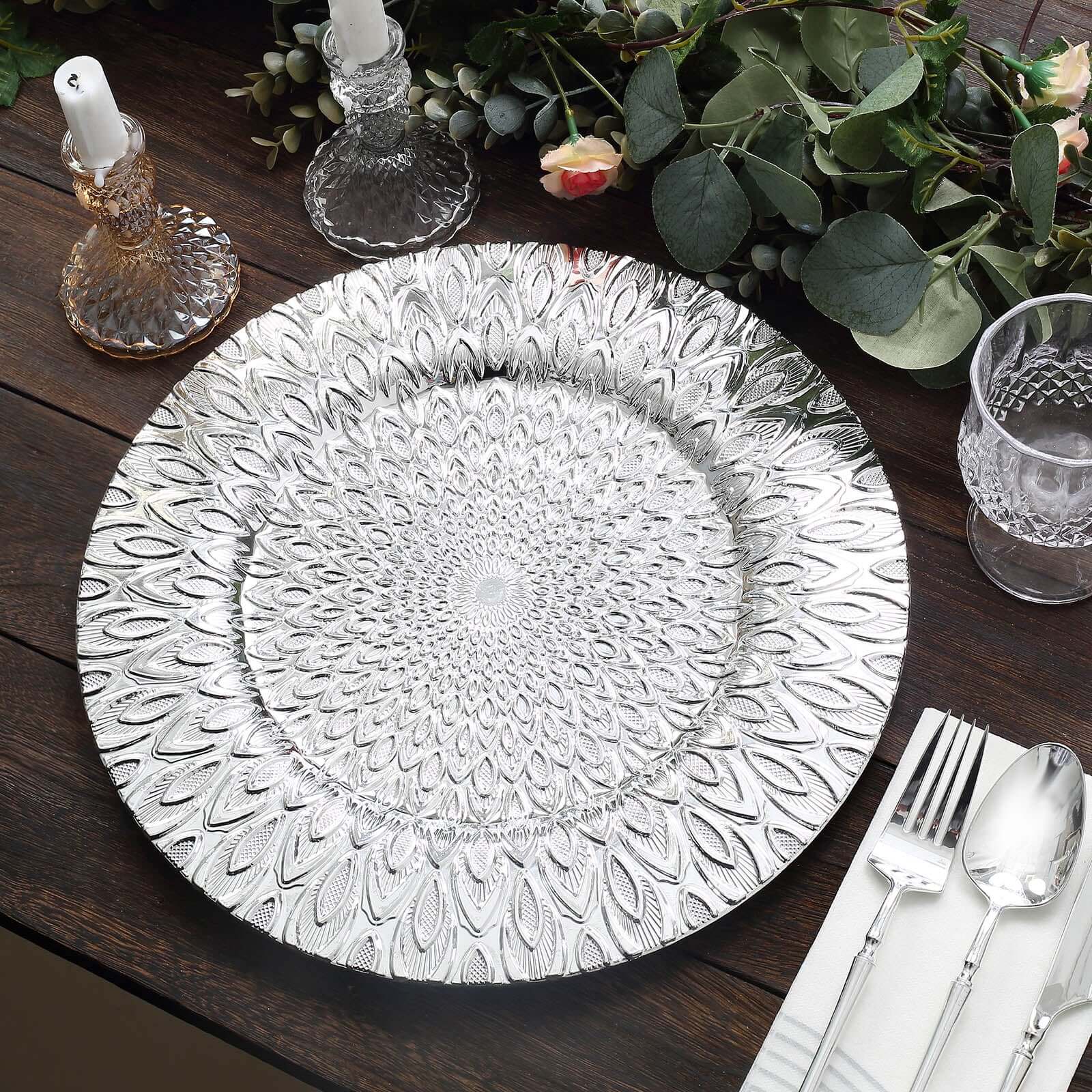 6-Pack Plastic Round Charger Plates 13" in Silver with Embossed Peacock Pattern, Stylish Disposable Charger Tableware
