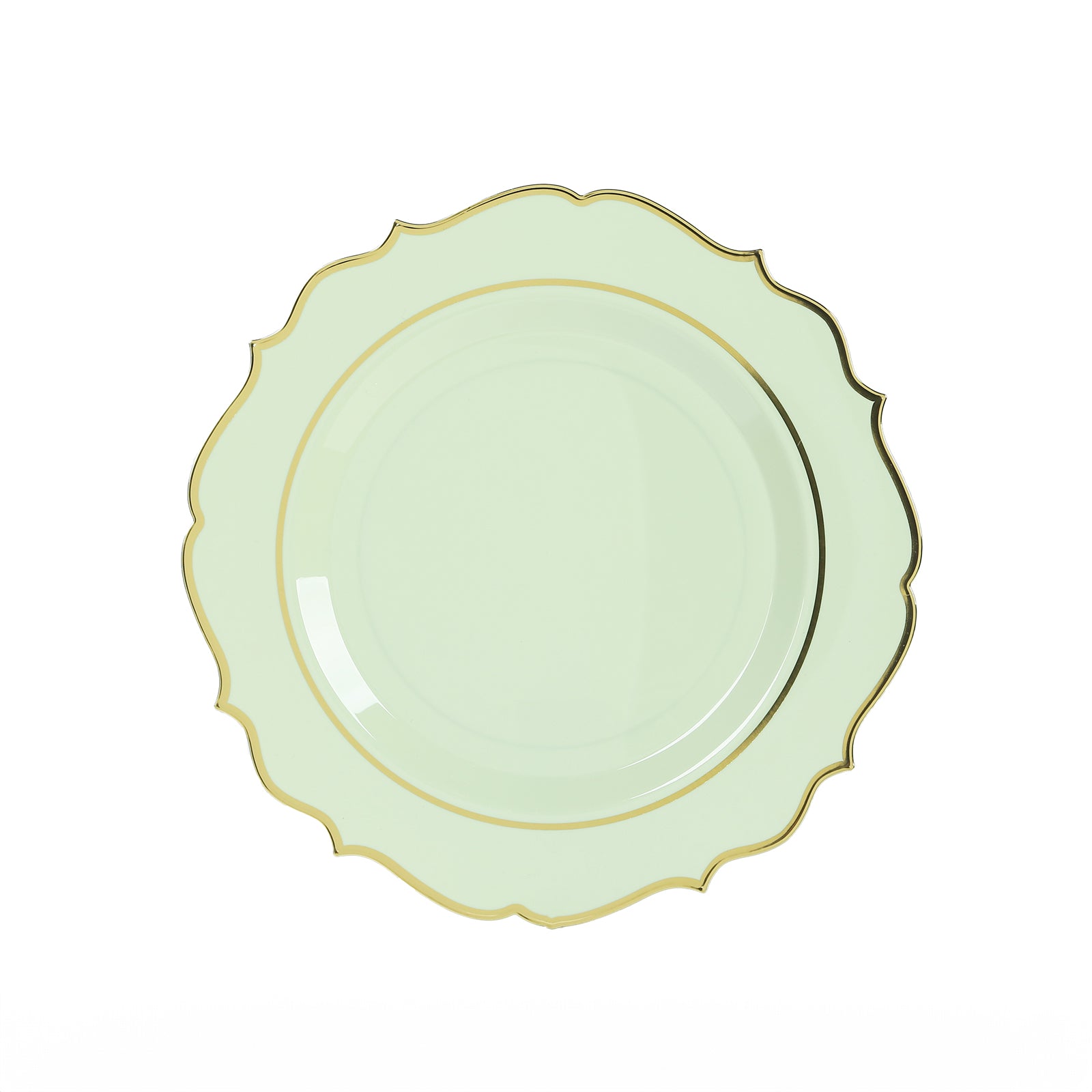 10-Pack Economy Plastic Round Charger Plates 13" in Sage Green with Gold Scalloped Rim, Decorative Dinner Party Serving Plates