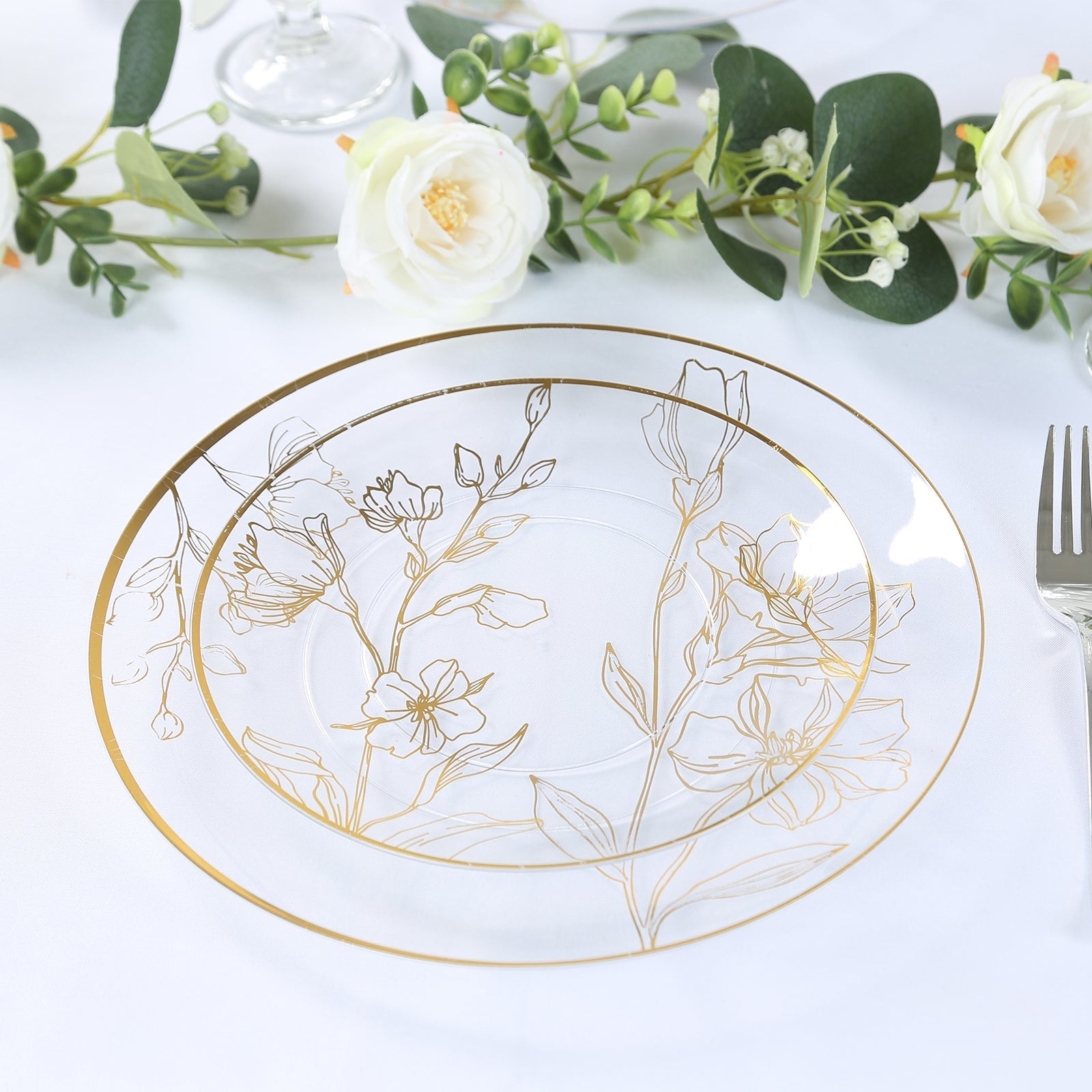 Set of 20 Plastic Round Dinner and Dessert Plates in Clear with Metallic Gold Floral Design - Stylish Disposable Dinnerware 8", 10"