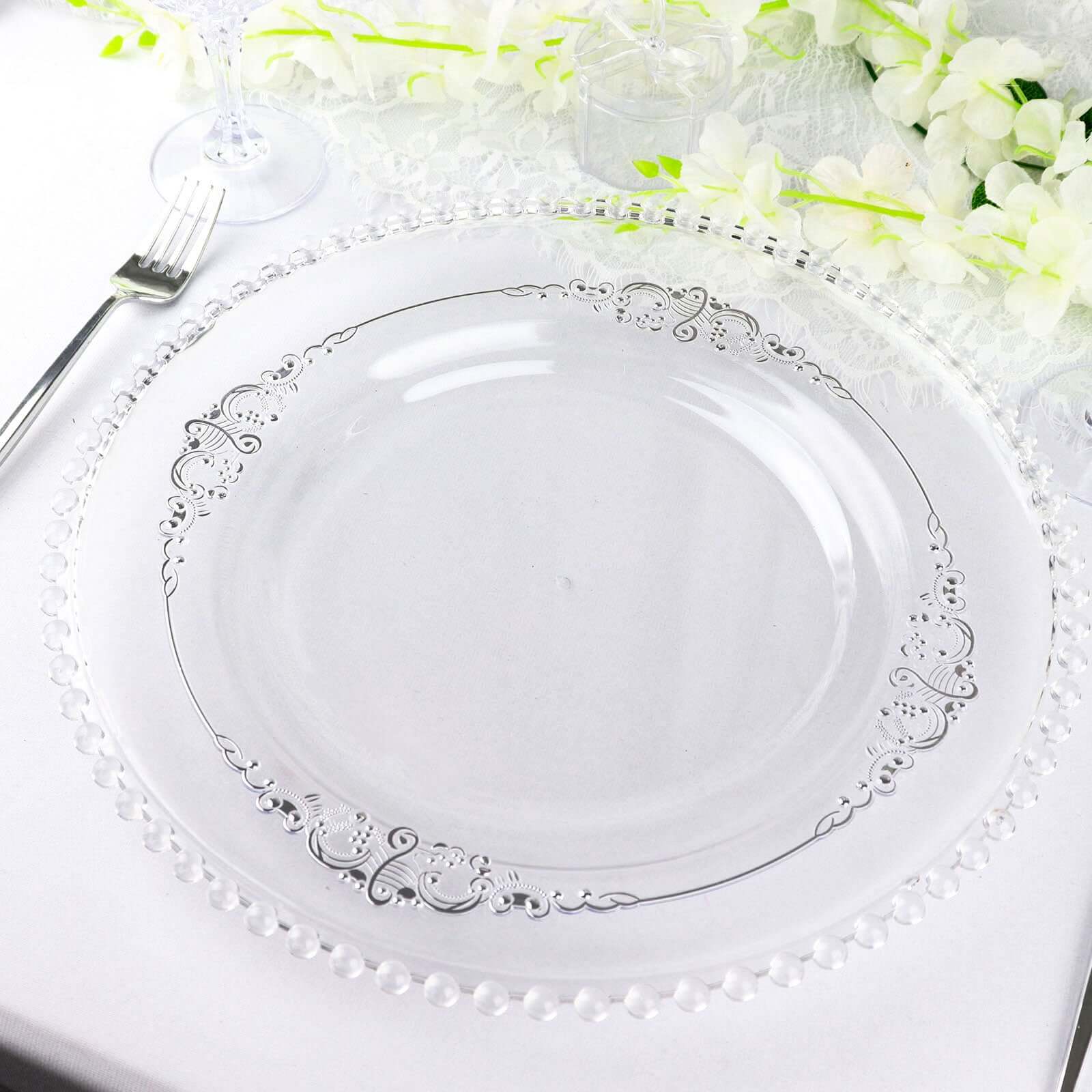 10-Pack Plastic 10" Round Dinner Plates in Clear with Silver Leaf Embossed Rim - Disposable Vintage Baroque Style Plates