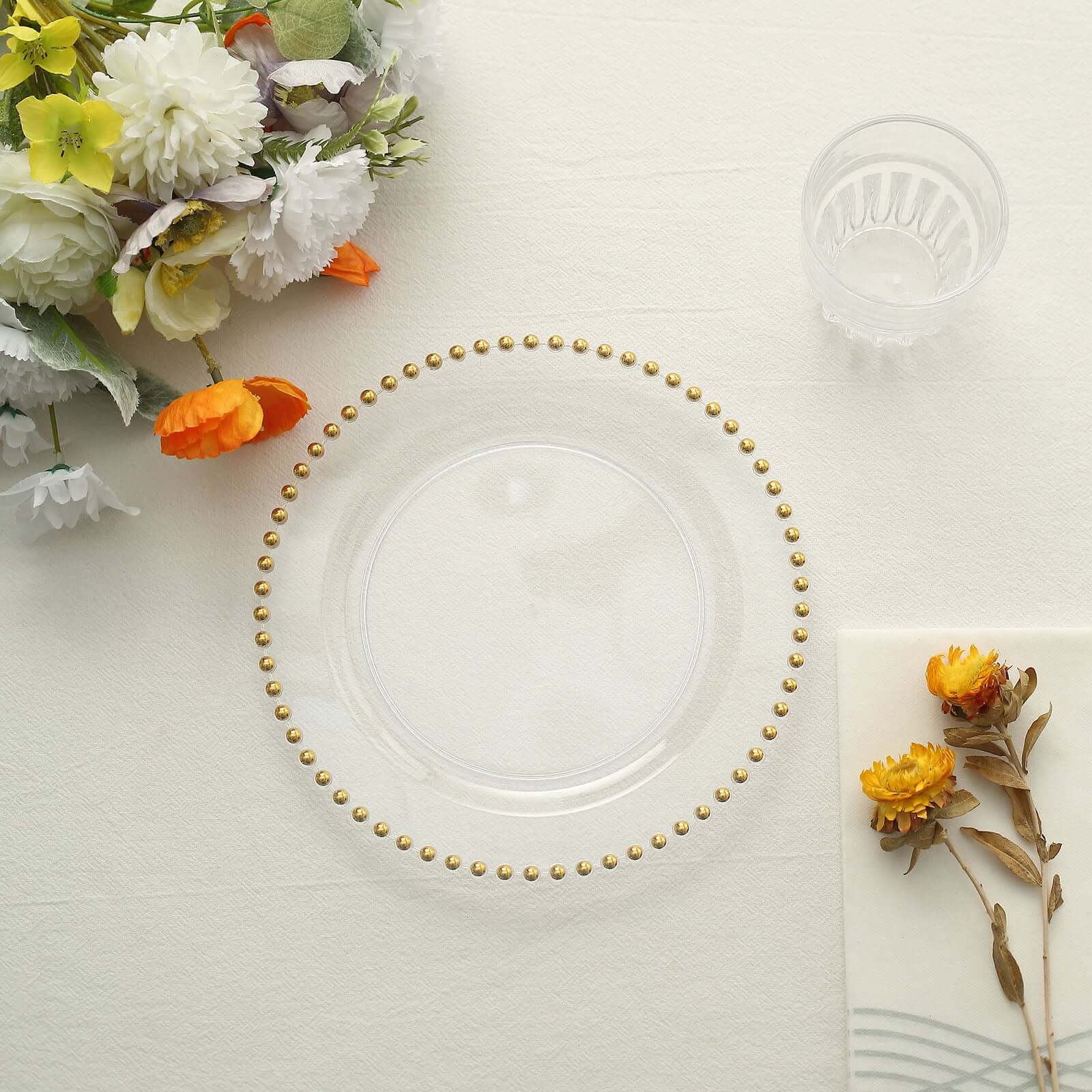 10-Pack Clear Plastic Dessert Plates – 8" Round with Gold Beaded Rim, Disposable for Parties & Events