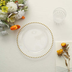 10-Pack Clear Plastic Dessert Plates – 8" Round with Gold Beaded Rim, Disposable for Parties & Events