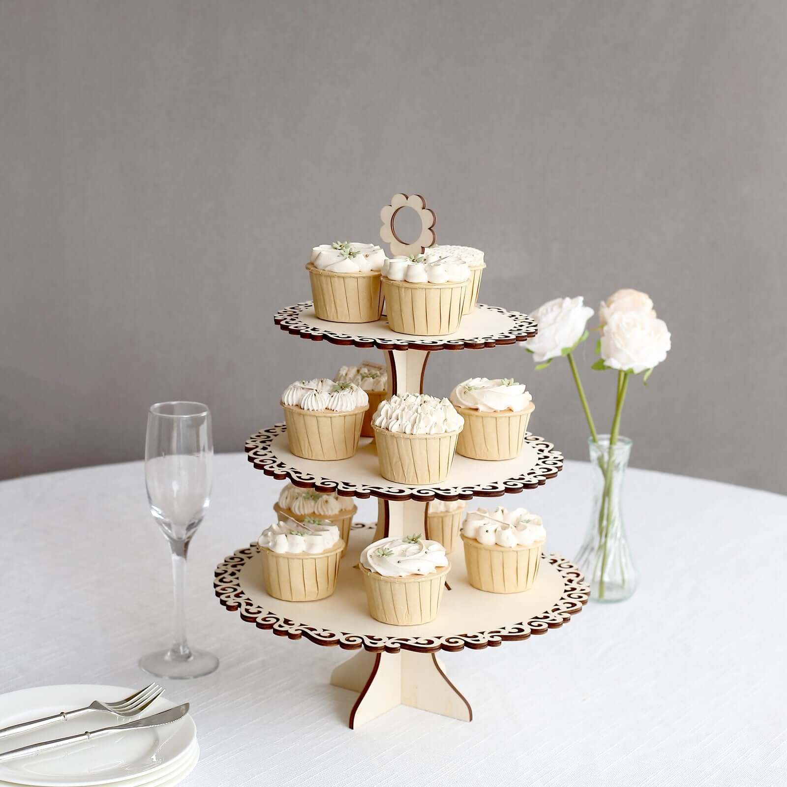 3-Tier Wooden Cupcake Stand Floral Edge Design Natural - Rustic Round Dessert Display Table Centerpiece 16"