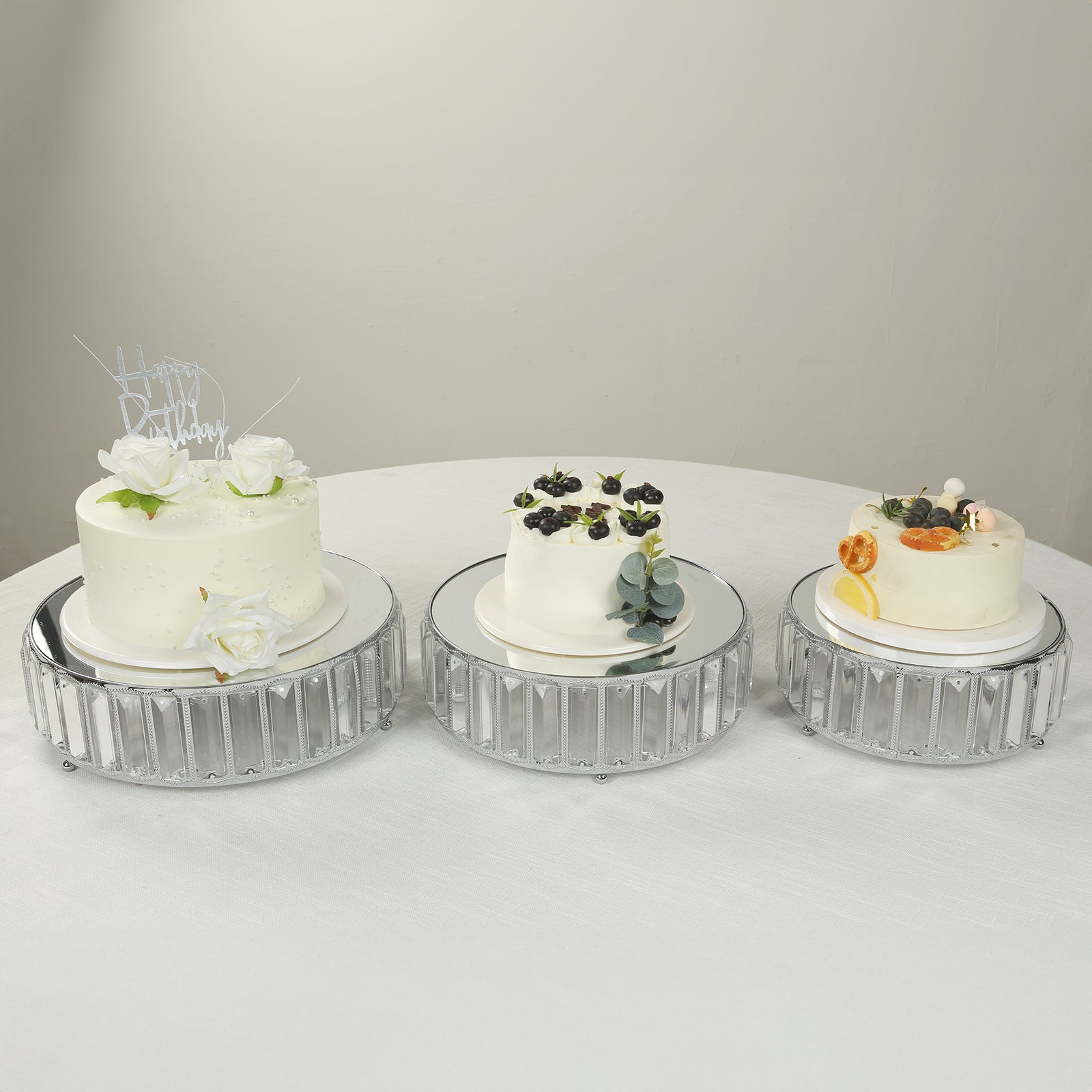 Set of 3 Silver Metal Crystal Pendant Cake Stands with Mirror Top, Stackable Round Dessert Display Trays - 9",11",12"