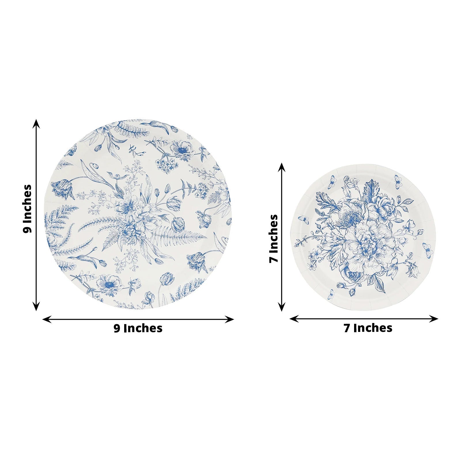 50-Pack Paper Round Dessert and Dinner Plates in White with Blue French Toile Pattern 7", 9"