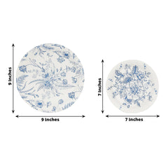 50-Pack Paper Round Dessert and Dinner Plates in White with Blue French Toile Pattern 7", 9"
