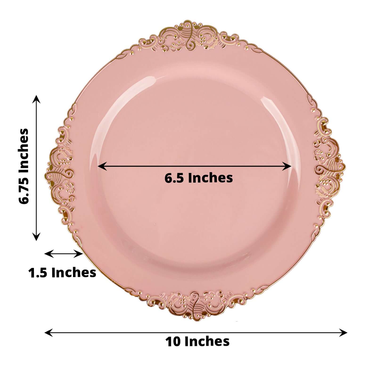 10-Pack Plastic 10" Round Dinner Plates in Dusty Rose with Gold Leaf Embossed Rim - Disposable Vintage Baroque Style Plates