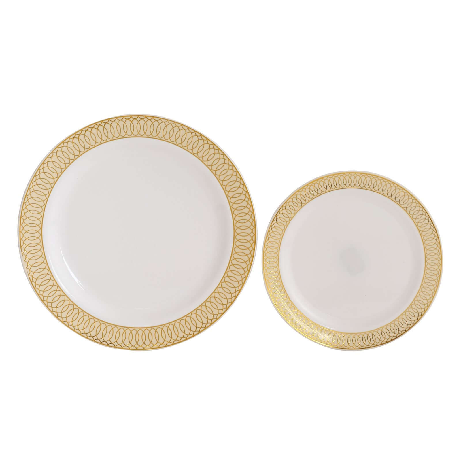 10-Pack Plastic Round Dinner Plates 10" White with Beige Gold Spiral Rim - Chic Disposable Party Plates