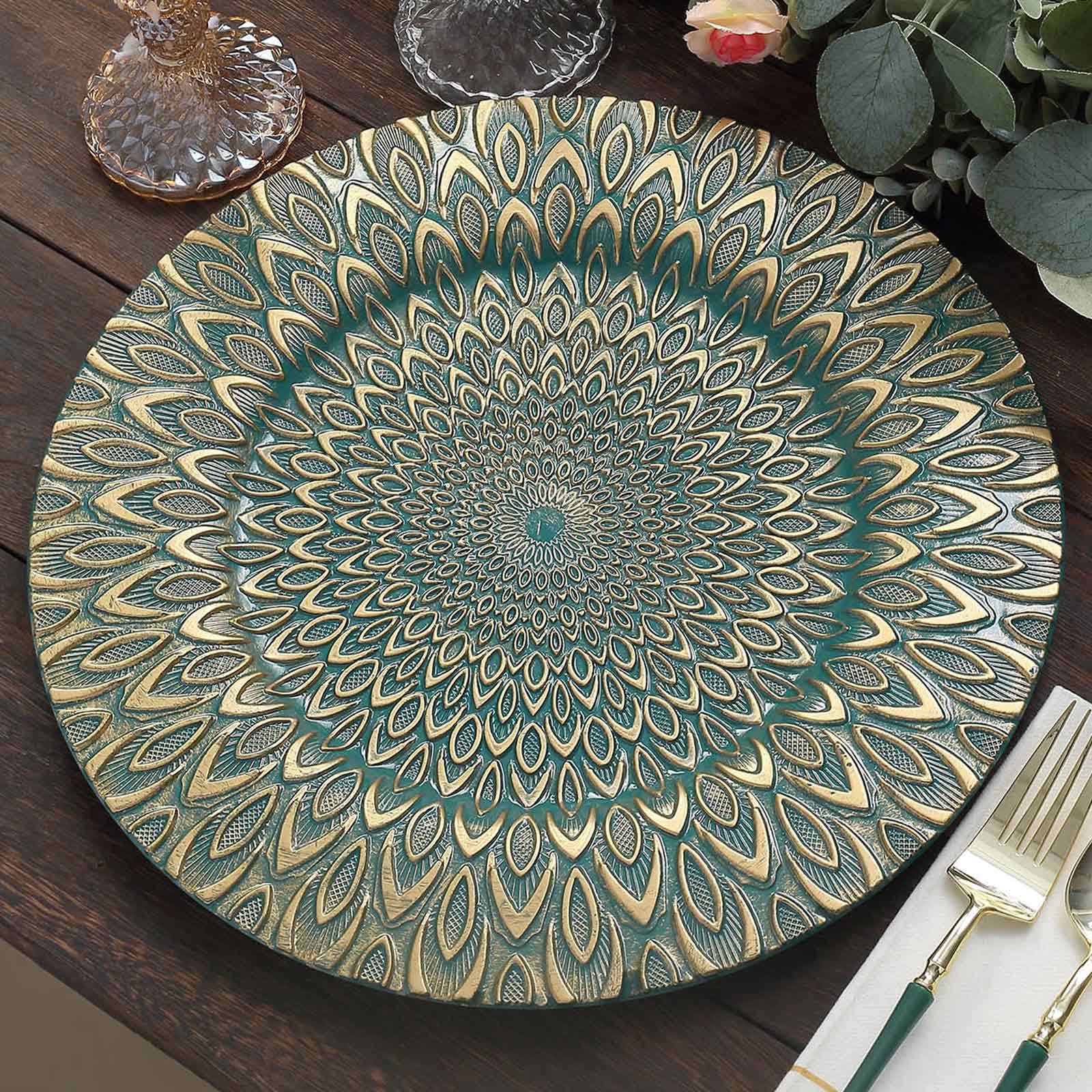 6-Pack Plastic Round Charger Plates 13" in Teal with Gold Embossed Peacock Pattern, Stylish Disposable Charger Tableware