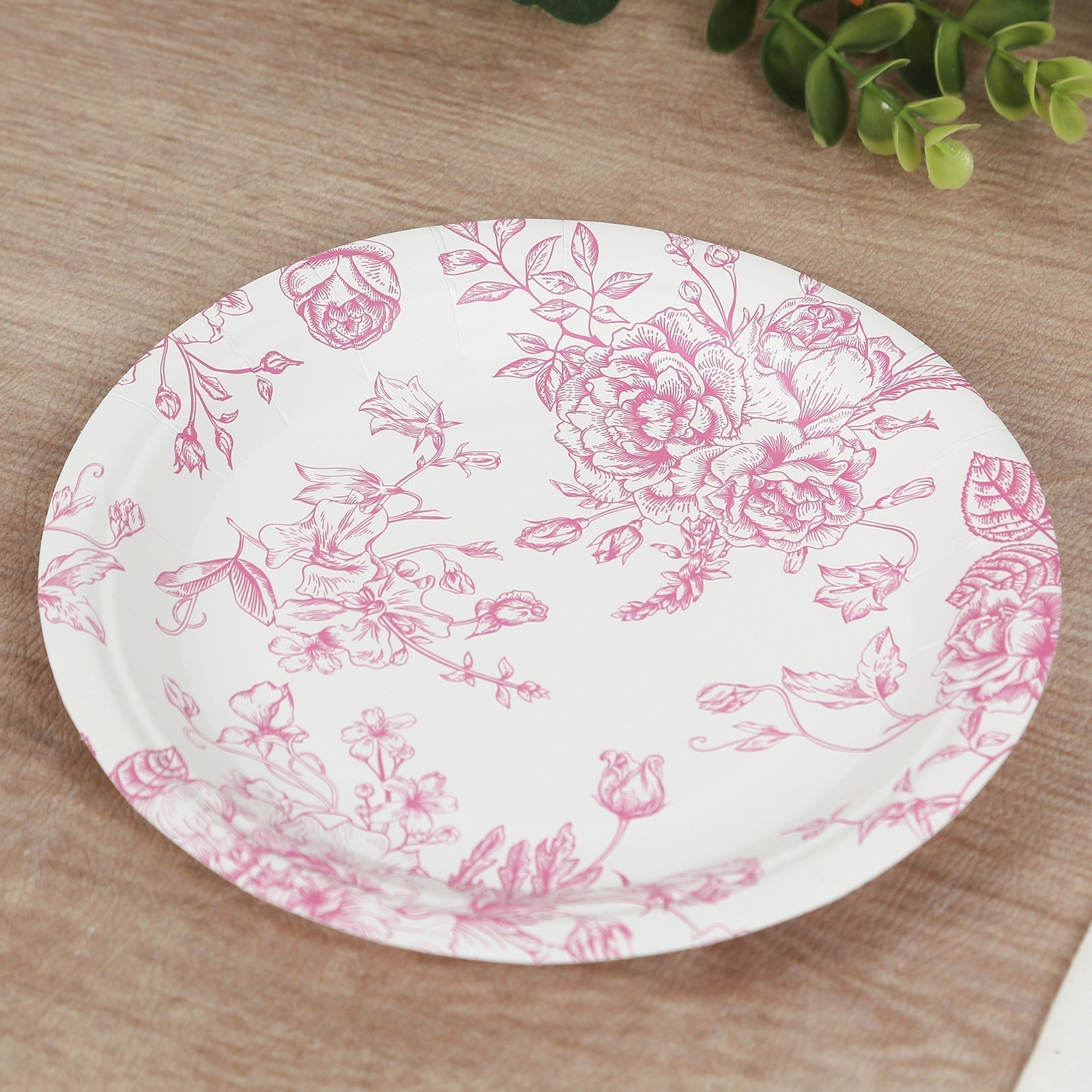 25-Pack Paper 7" Round Dessert Plates in White with Matte Pink French Toile Pattern - Disposable Floral Salad Appetizer Plates