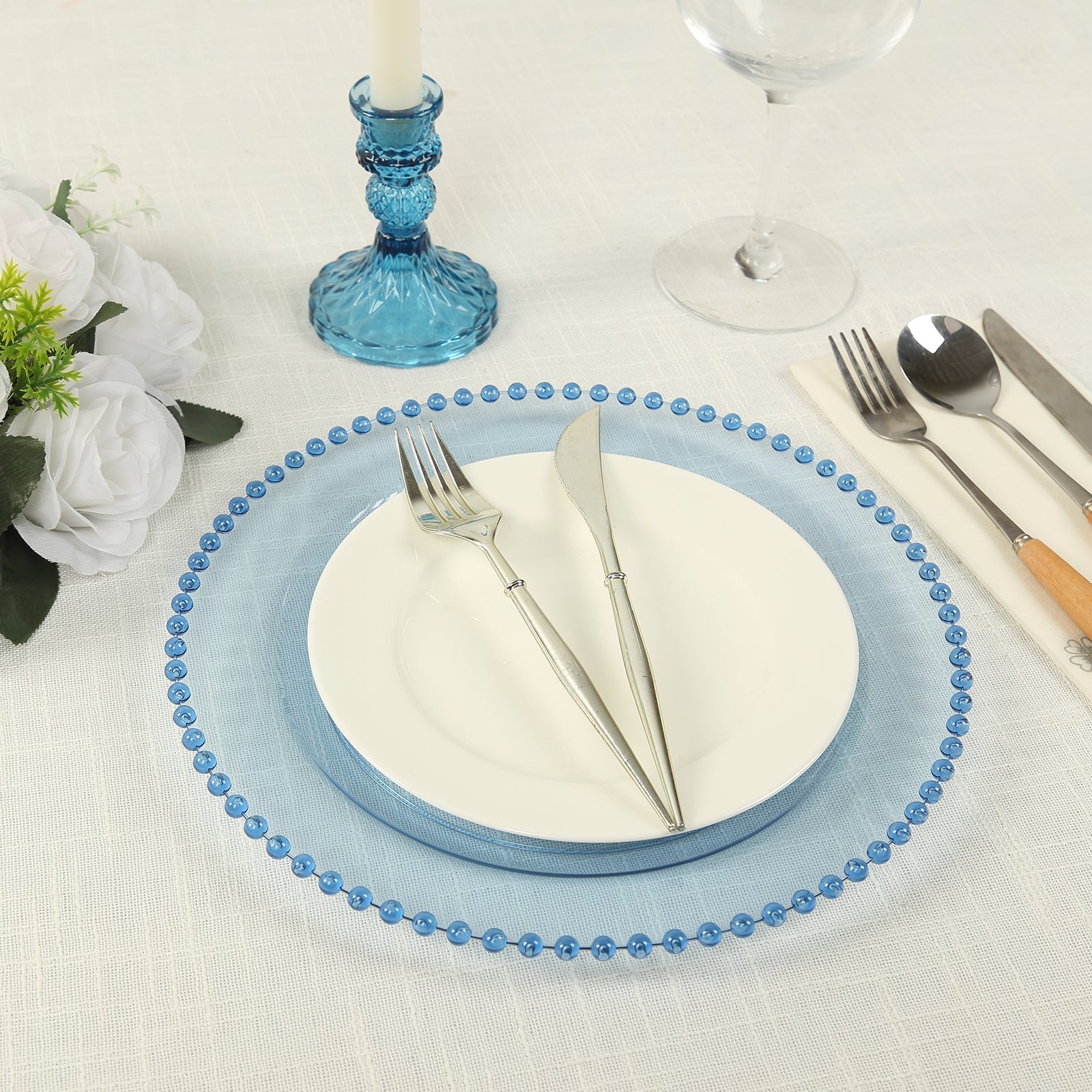 10-Pack Plastic 10" Round Dinner Plates in Transparent Dusty Blue with Beaded Rim - Disposable Party Plates for Banquets & Festive Occasions