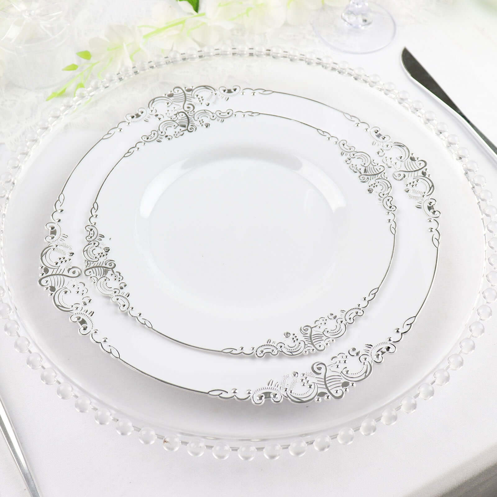 10-Pack Plastic 10" Round Dinner Plates in White with Silver Leaf Embossed Rim - Disposable Vintage Baroque Style Plates
