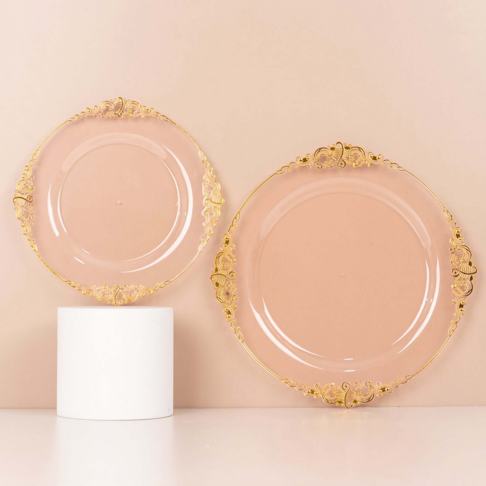 10-Pack Plastic 10" Round Dinner Plates in Transparent Blush with Gold Leaf Embossed Rim - Disposable Vintage Baroque Style Plates